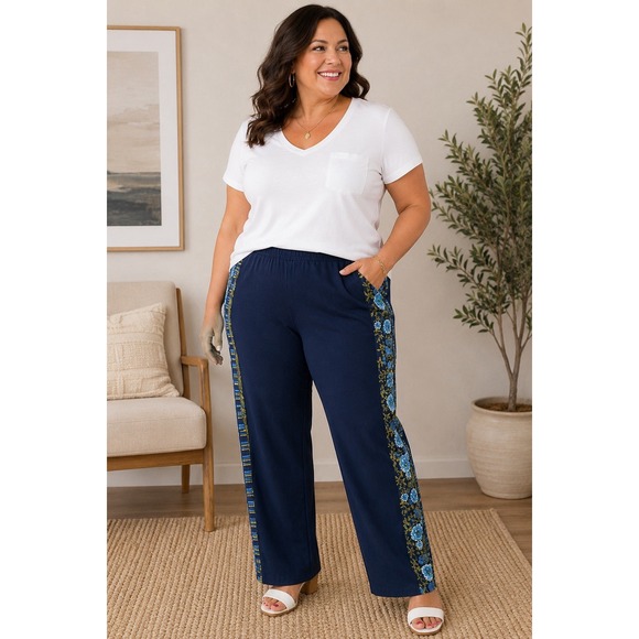 Susan Graver Pants - Susan Graver Pants Womens 3X Navy Blue Floral Side Stripe Pull On Plus Stretch